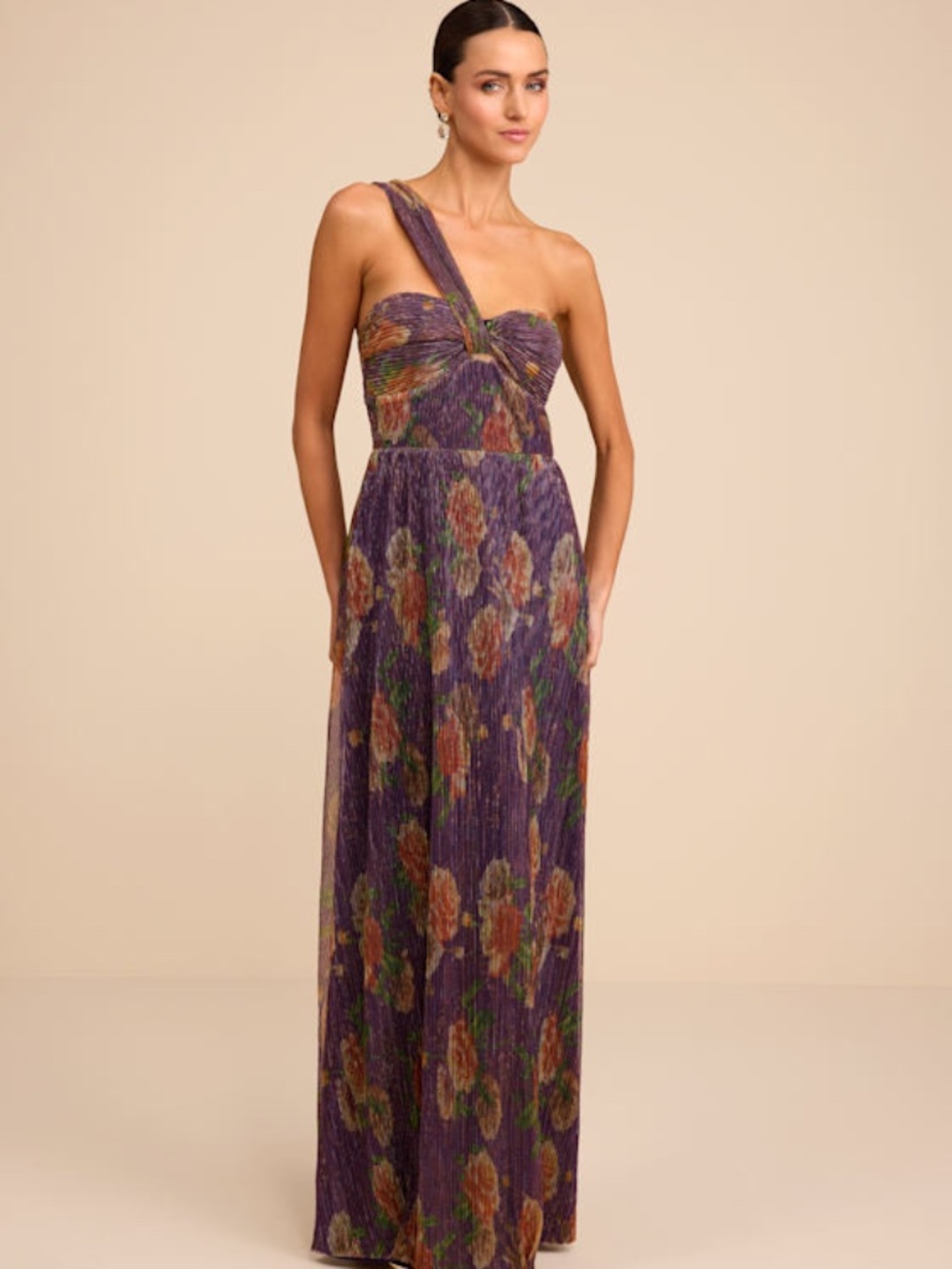 Lulus Maribella Dark Purple Floral Lurex Pleated Maxi Dress - Size L